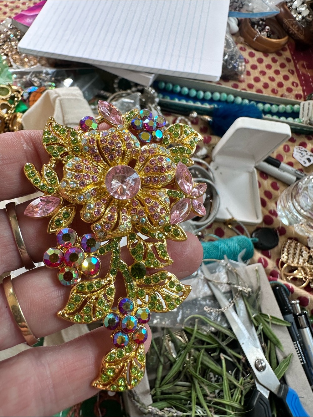 Vintage-Inspired Gold Floral Crystal Brooch - Pink & Green